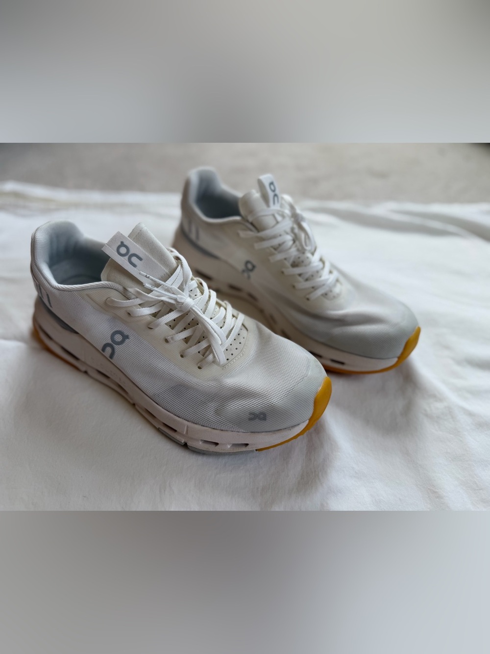 On Running Men's Cloud Sneakers in White with Yellow Toe